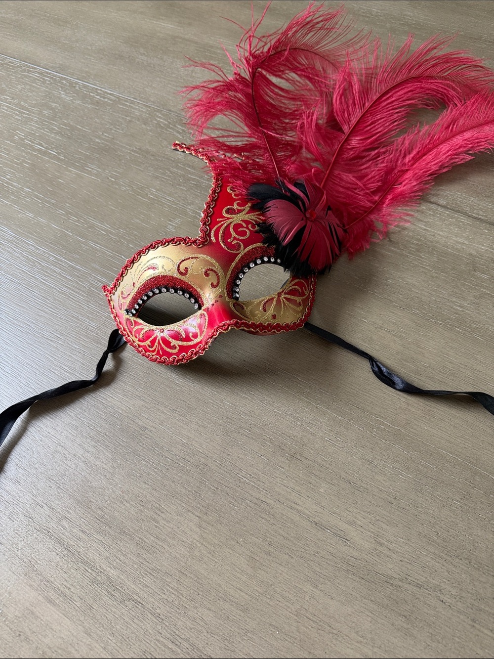 Red and Gold Feathered Venetian Eye Mask Made in Italy